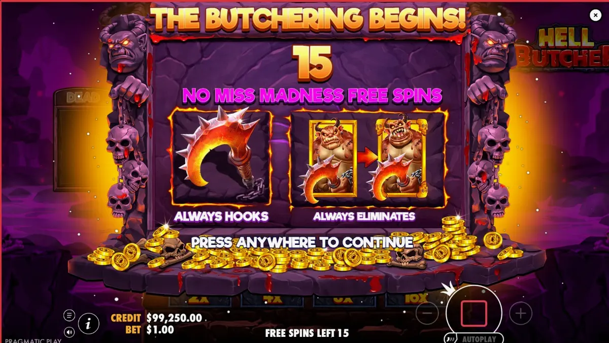 Isang nakakatakot na larawan ng Hell Butcher slot, na nagpapakita ng mga demonyong kusinero at mga simbolo ng horror na may mga multiplier sa ilalim ng grid.