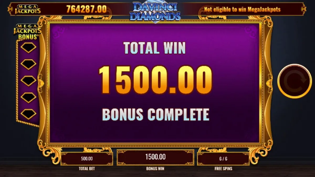 Mega Jackpot DaVinci Diamonds slot machine interface