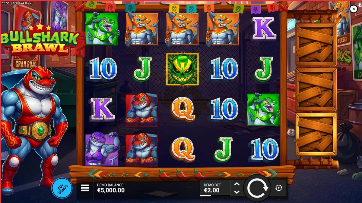 Isang makulay na eksena mula sa Bullshark Brawl slot na nagpapakita ng mga shark luchador sa loob ng arena.