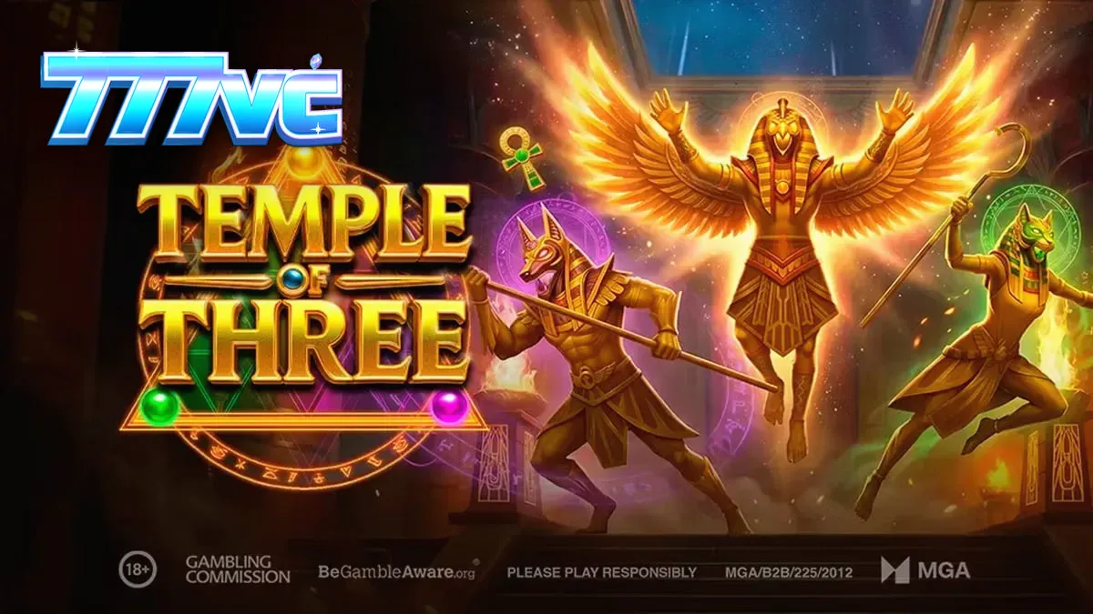 Isang madilim at misteryosong Egyptian temple na may mga simbolo ng sinaunang diyos sa Temple of Three slot.